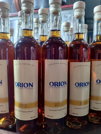 Garrafas de aguardente de butiá com rótulo da Orion Distribuidora
